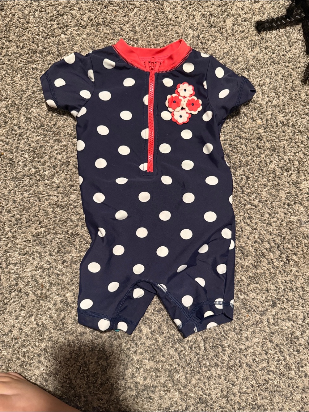 Carter's Navy Polka Dot One-Piece with Coral Trim and Floral Applique